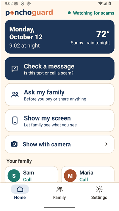 The PonchoGuard home screen on an Android phone: the date and weather, then Check a message, Ask my family, Show my screen and Show with camera.