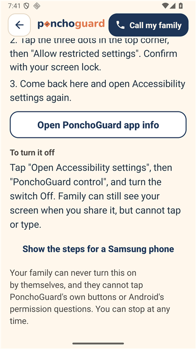 The Android guide: the restricted settings steps, Open PonchoGuard app info, and how to turn it off.