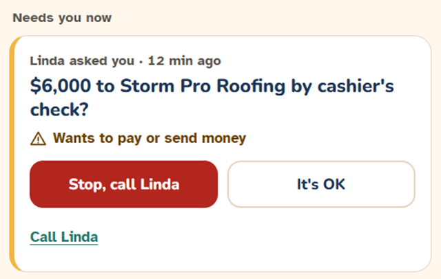 A Cosign request on the family dashboard: Linda asked you, 6,000 dollars to Storm Pro Roofing by cashier's check, with the buttons Stop, call Linda and It's OK.