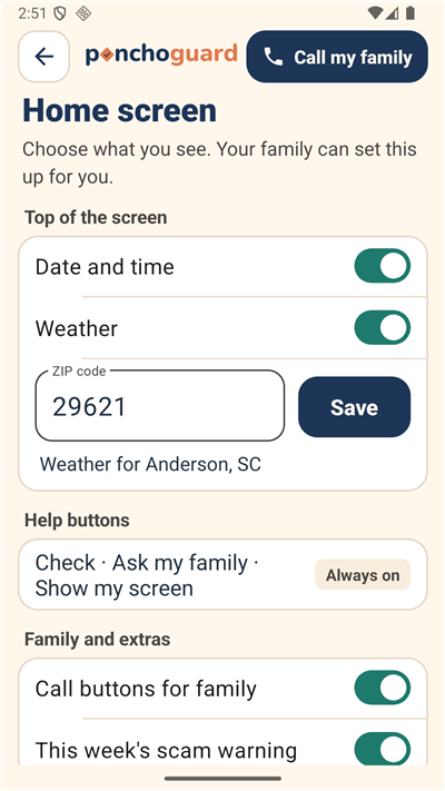 The Home screen settings on Android: Date and time and Weather switched on, ZIP code 29621 saved, Weather for Anderson, SC.