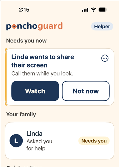 The helper's Today screen on an iPhone: Linda wants to share their screen, with the buttons Watch and Not now.